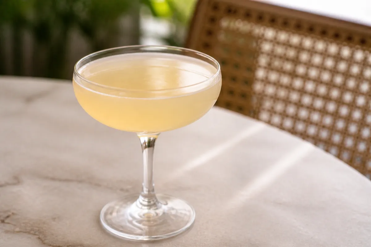 Spiced Pear Cocktail in a coupe, pale gold, ungarnished.