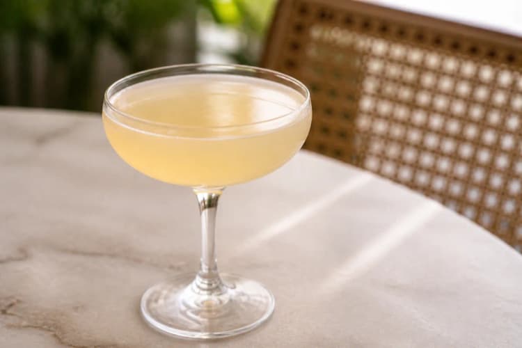 Spiced Pear Cocktail in a coupe, pale gold, ungarnished.