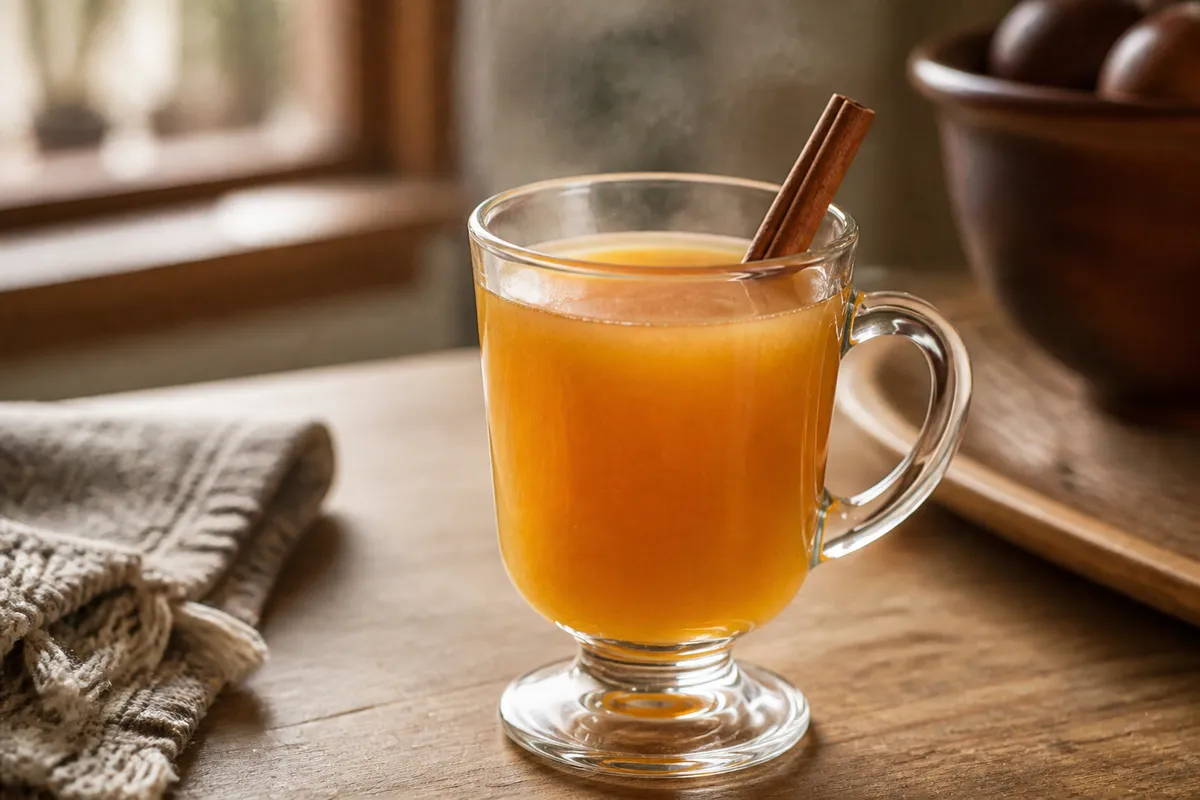 Spiked Apple Cider in a mug, amber, cinnamon stick garnish, faint steam.