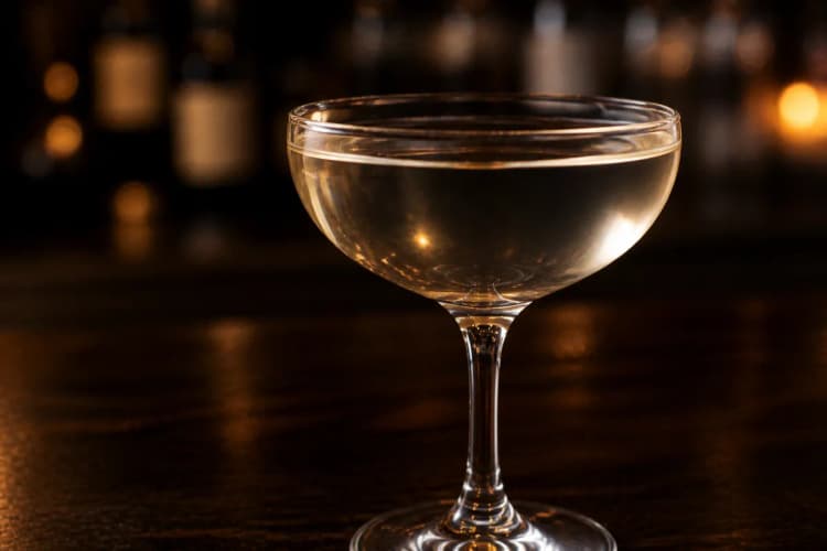 Stinger served in a chilled coupe, clear and pale, no garnish.