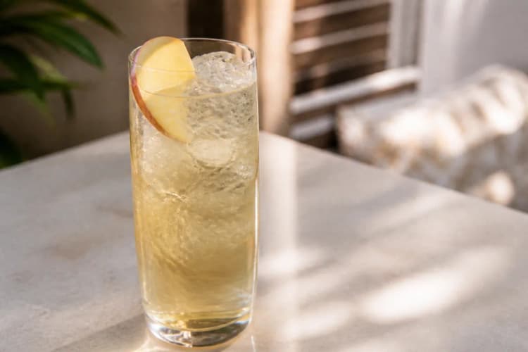 Stone Fence in a highball over ice, pale gold, apple slice optional.