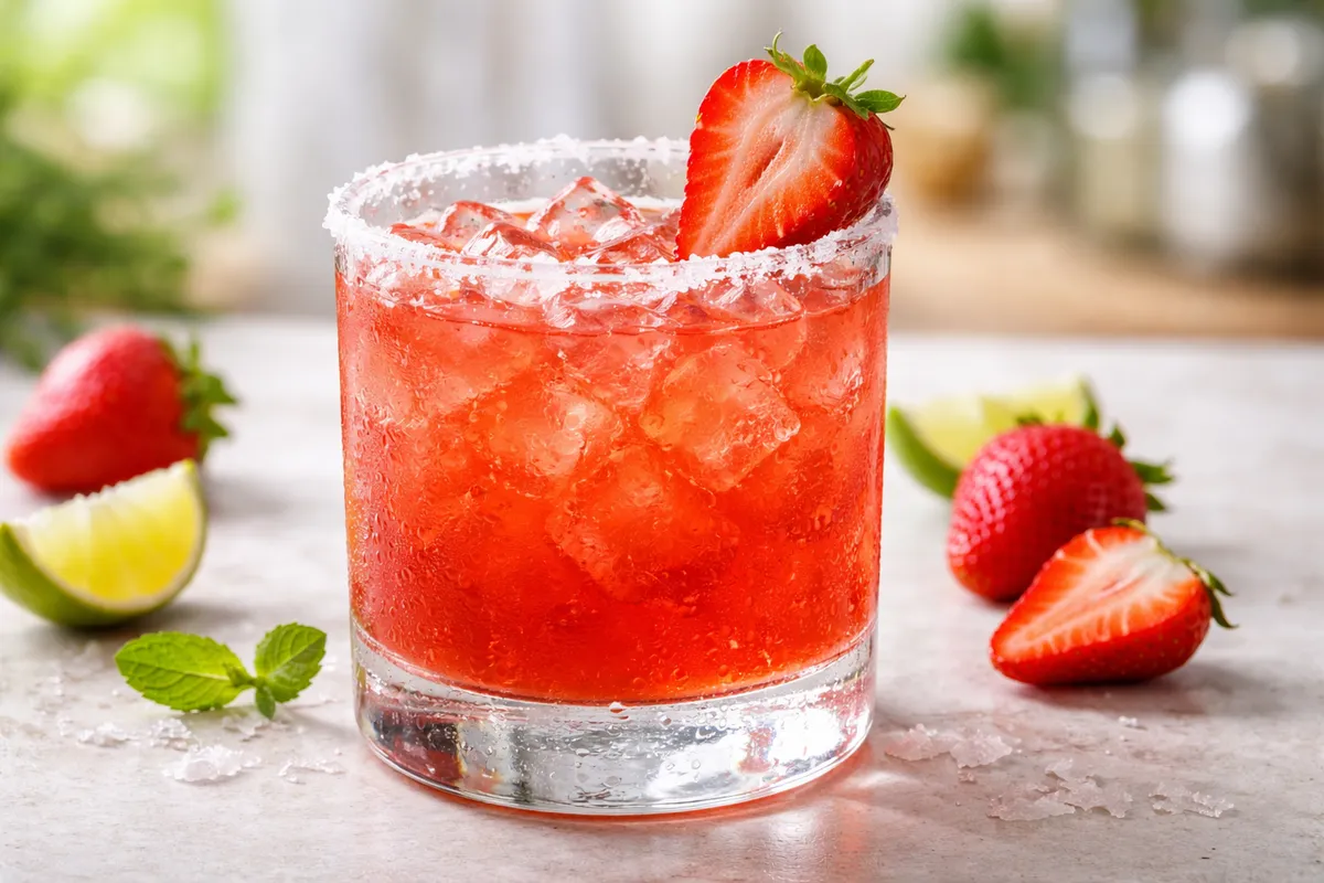 A Strawberry Margarita in a rocks glass with fresh strawberry garnish.