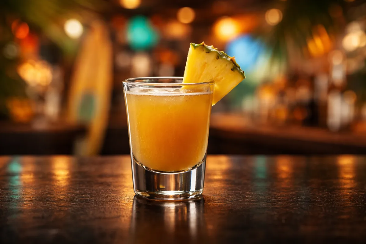 A Surfer on Acid shot in a glass with a dark murky pineapple color.