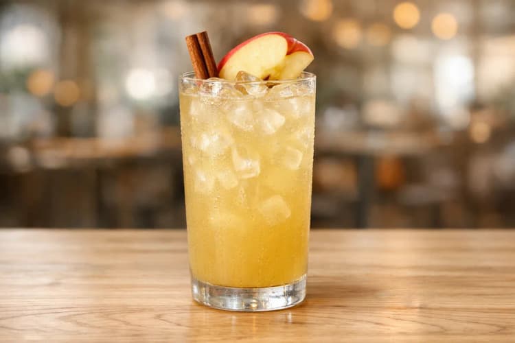 A Szarlotka in a highball glass with a cinnamon stick.
