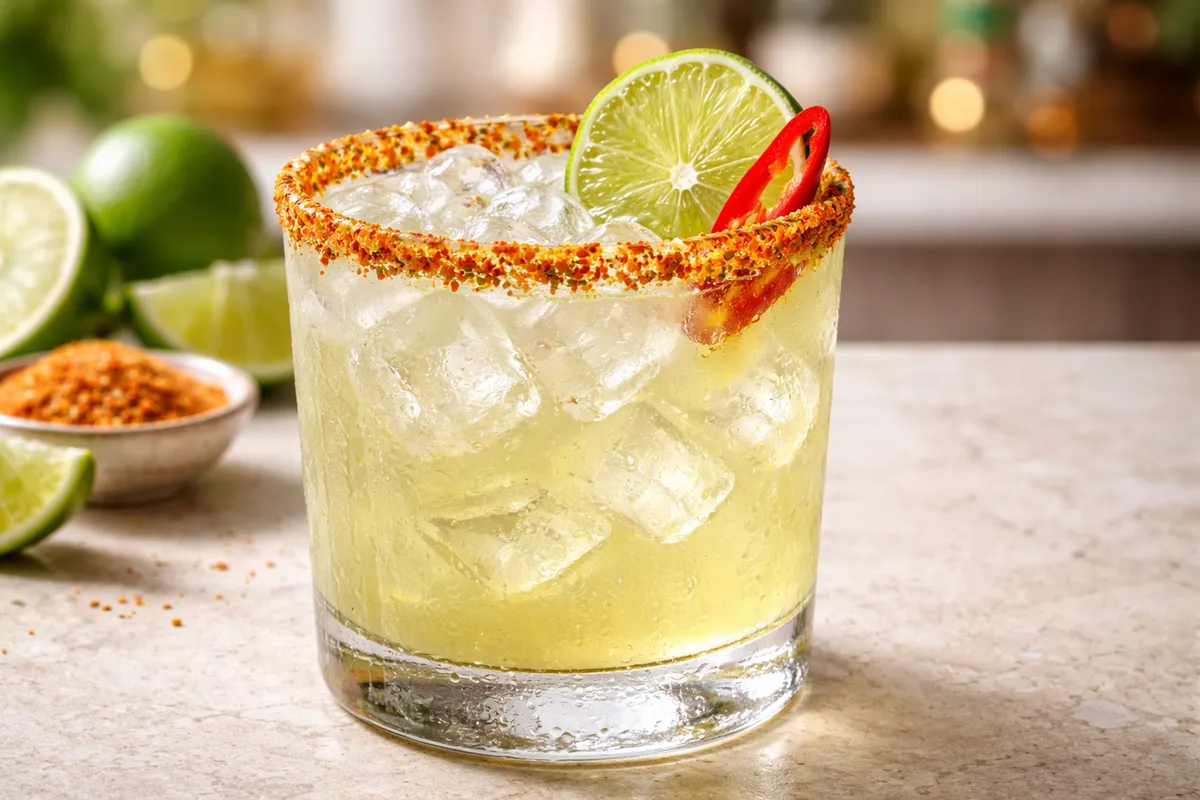 A Tajin-Rim Margarita in a rocks glass with visible spice elements and garnish.