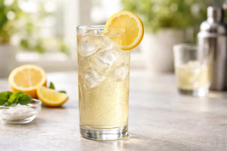 A Tequila Collins in a tall Collins glass with lemon wheel.