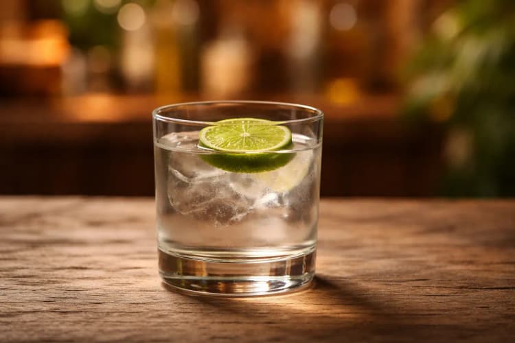 A small Ti’ Punch glass with lime coin and clear agricole rum.