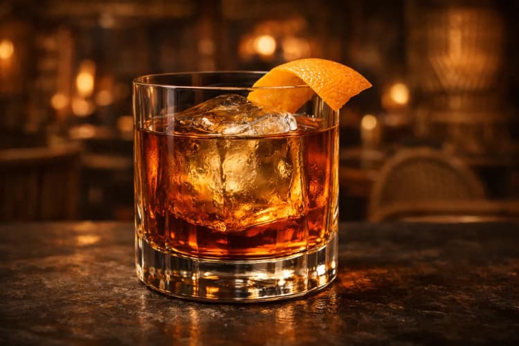 A rocks glass Tiki Old Fashioned on a large clear cube with orange peel.
