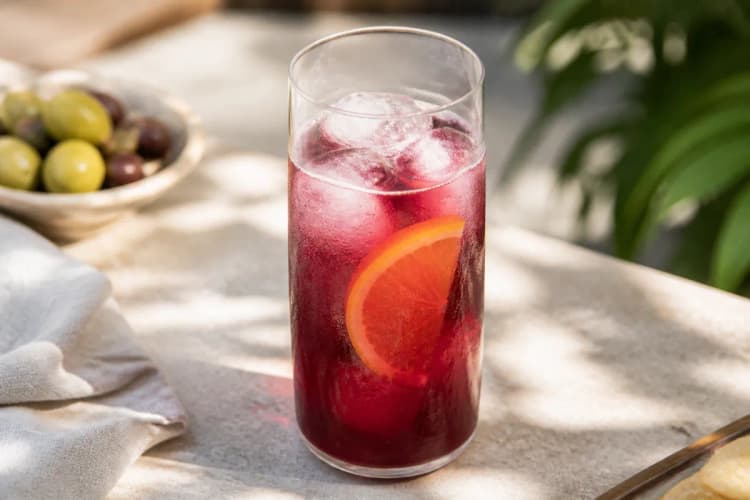 Tinto de Verano in a highball over ice, ruby wine cooler, orange slice.