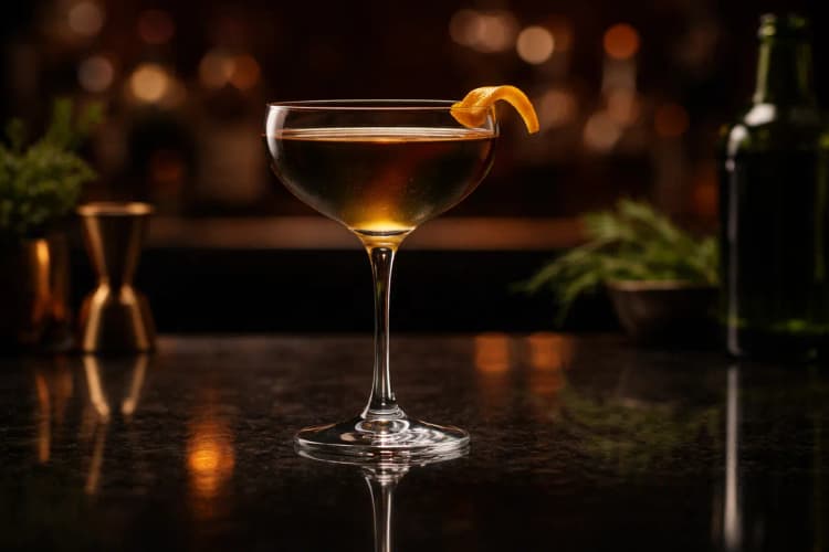 A coupe of Tipperary with a dark copper color and a small orange twist on the rim.