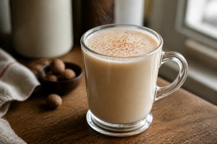 Tom and Jerry in a mug, creamy pale, nutmeg dusting, light steam.