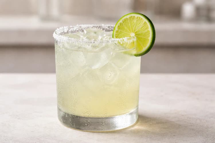 A Tommy’s Margarita in a rocks glass with a lime wheel.