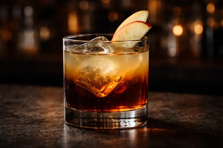 A Treacle in a rocks glass with a large cube and apple slice.