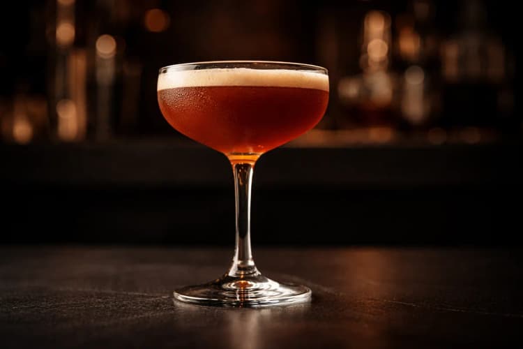 A coupe of Trinidad Sour with deep red color and lemon peel.