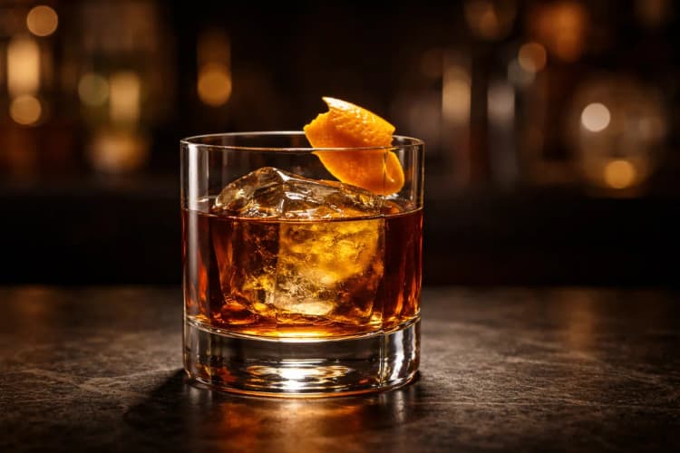 A rocks glass Truffle Old Fashioned with a large cube and orange peel.