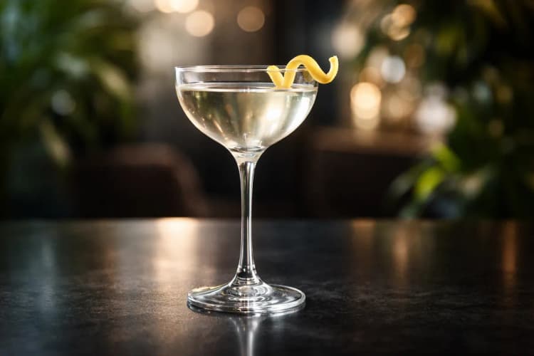 A Turf Club in a Nick & Nora glass with a lemon twist.