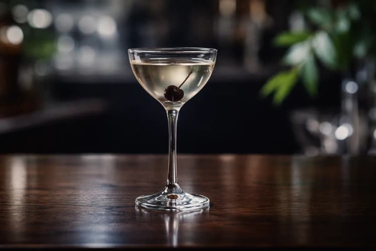 A Tuxedo Cocktail #1 in a Nick & Nora glass with lemon twist.