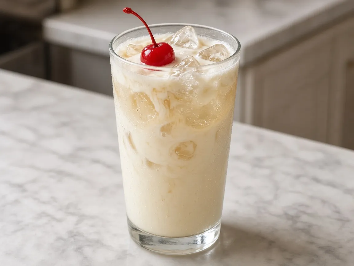 Vanilla Italian Cream Soda in a highball over ice, pale cloudy cream soda with a cherry garnish.