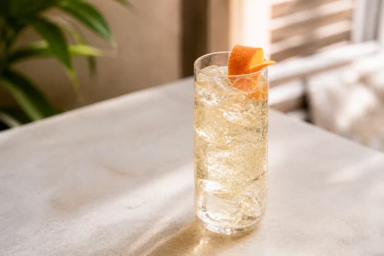 Vermouth Tonic in a highball over ice, pale gold, orange or grapefruit peel.