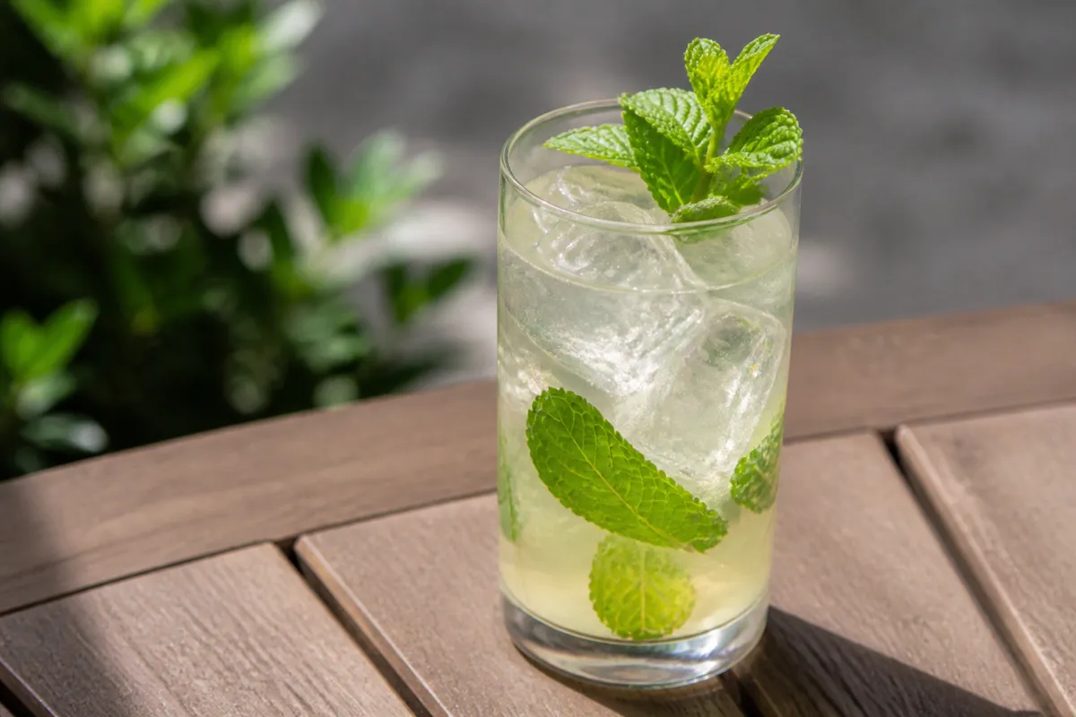 Virgin Mojito in a highball over ice, pale, mint sprig bouquet.