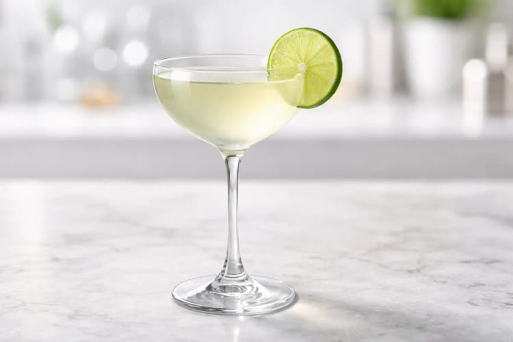 A Vodka Gimlet served in a chilled coupe with a lime wheel.