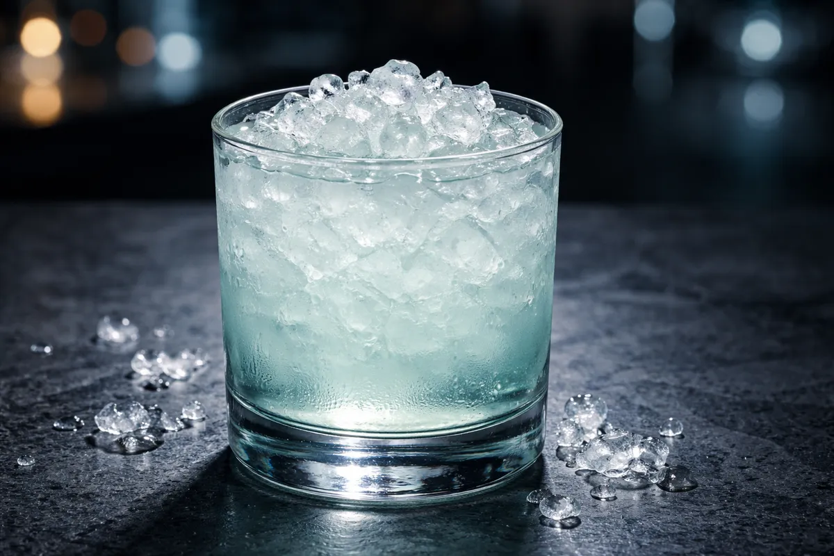 A Vodka Stinger in a rocks glass over crushed ice.