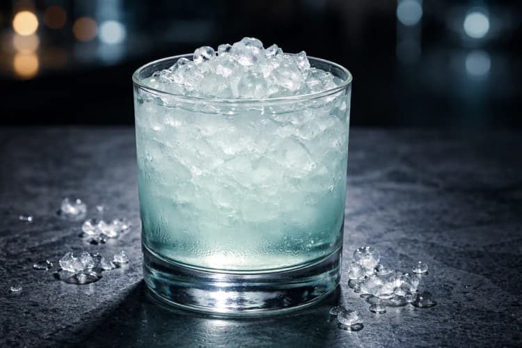A Vodka Stinger in a rocks glass over crushed ice.
