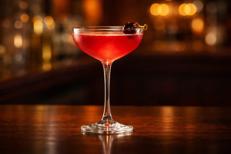 A Ward Eight in a coupe with a cherry garnish.