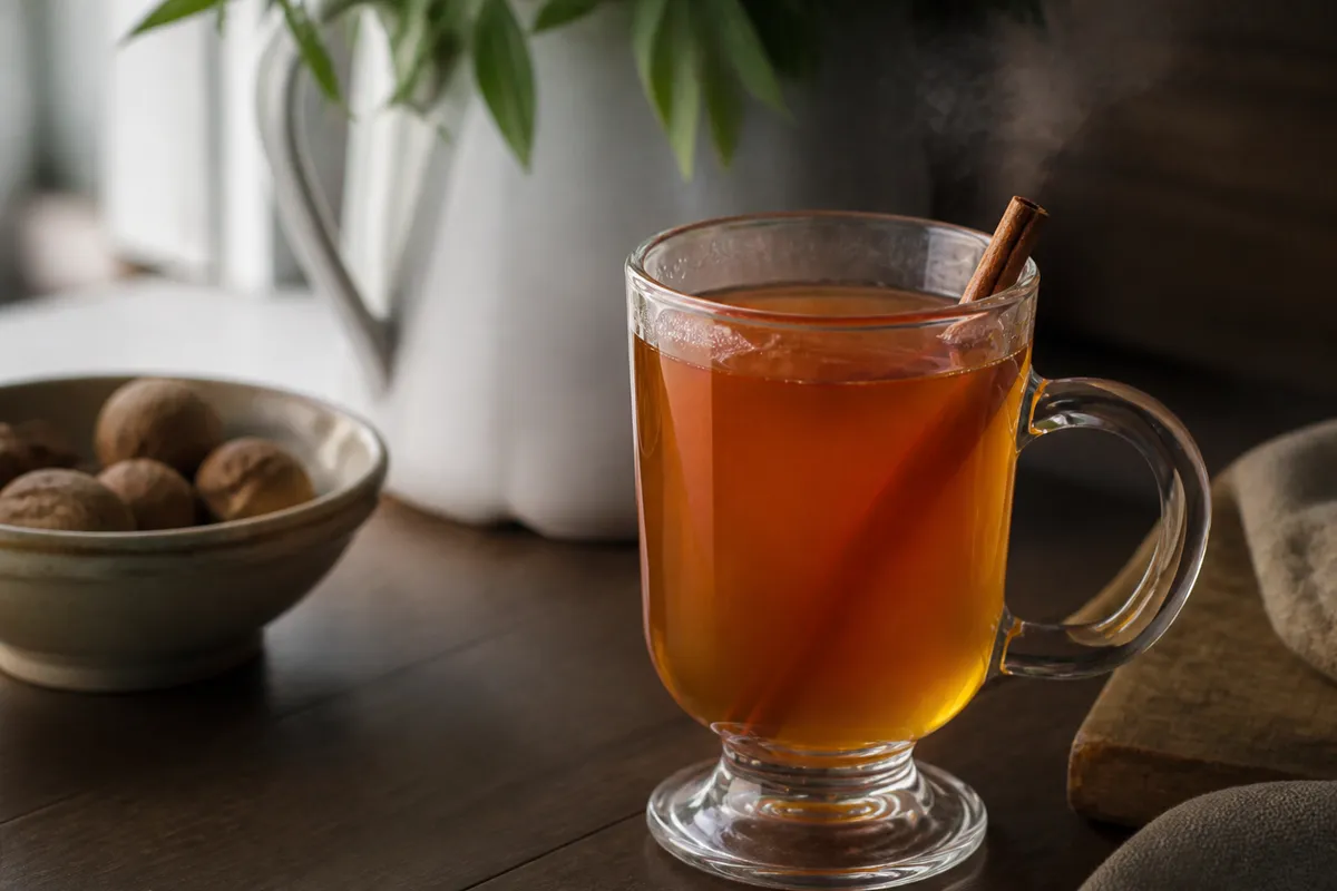 Wassail in a mug, amber, cinnamon stick, light steam.
