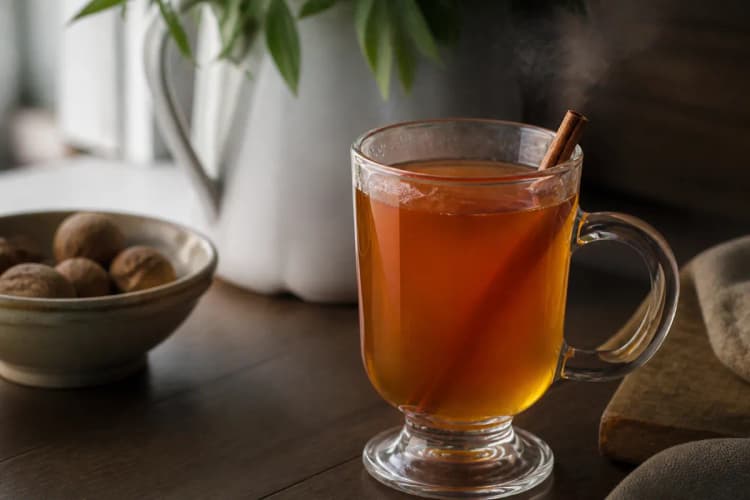 Wassail in a mug, amber, cinnamon stick, light steam.