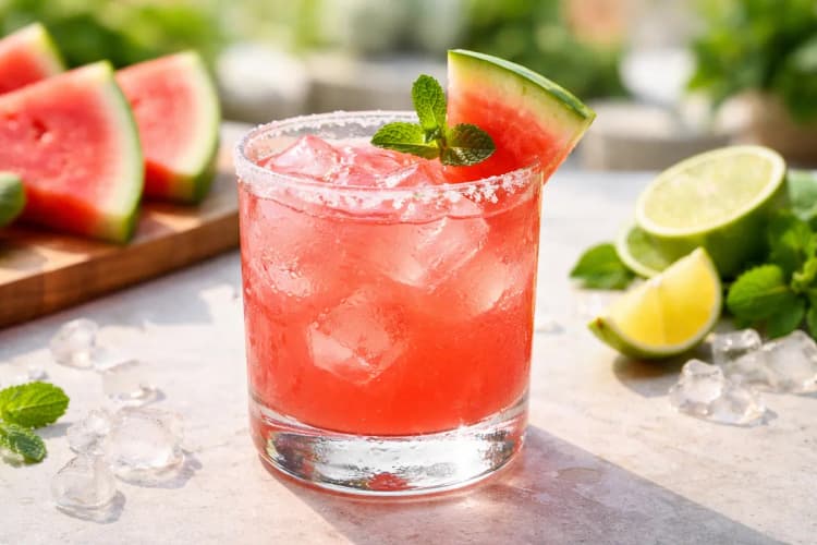 A Watermelon Margarita in a rocks glass with fresh watermelon garnish.