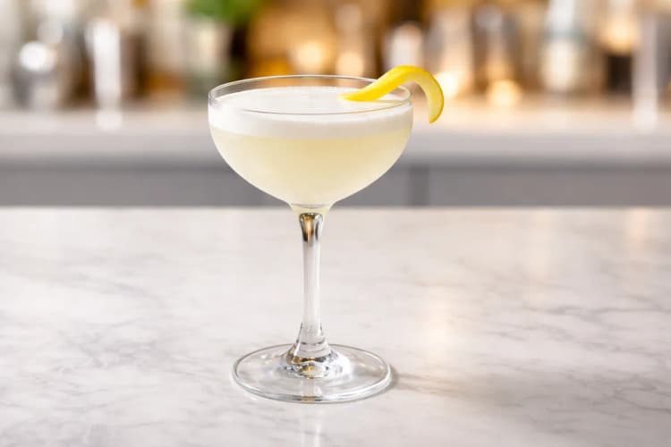 A coupe of White Lady with pale foam and lemon twist.