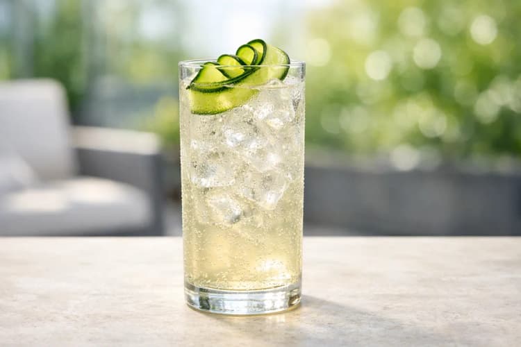 A White Linen cocktail in a tall glass with cucumber ribbon.