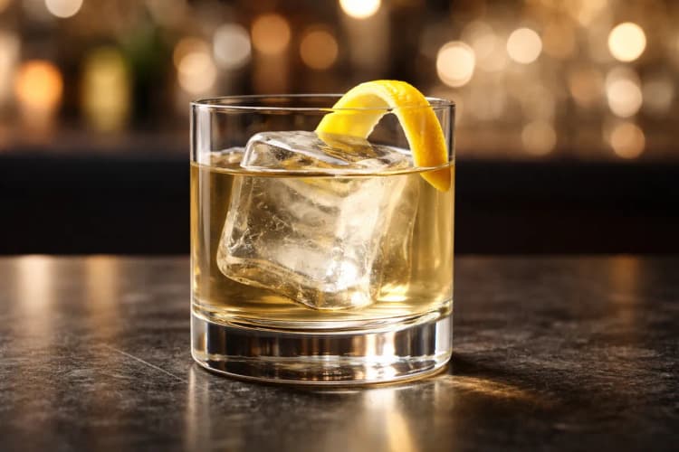 A White Negroni in a rocks glass over a large clear cube with a bright lemon twist.
