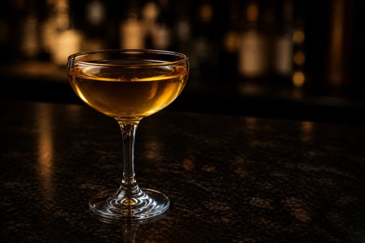 Widow's Kiss served in a chilled coupe, golden-amber in color, no fruit garnish required.
