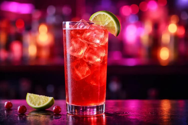 A Woo Woo in a highball glass with a lime wedge.