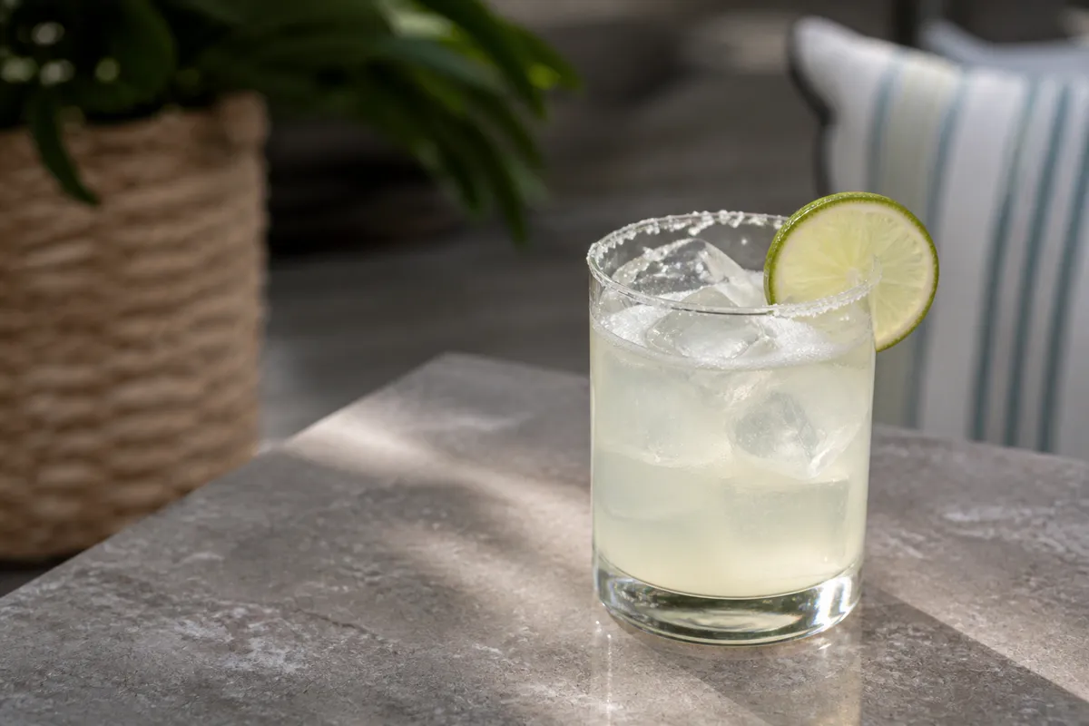 Zero-Proof Margarita in a rocks glass over ice, pale green, lime wheel, salt rim.