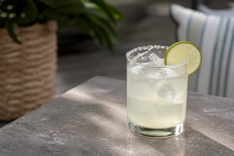 Zero-Proof Margarita in a rocks glass over ice, pale green, lime wheel, salt rim.