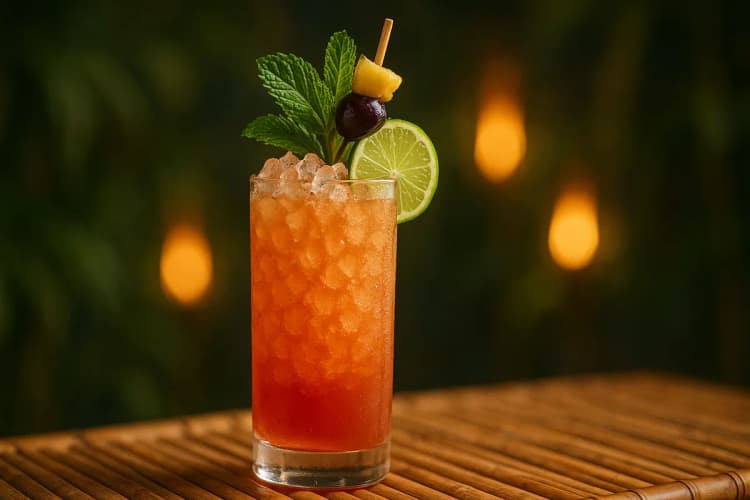Zombie served in a tall tiki or chimney glass over crushed ice, garnished with mint.