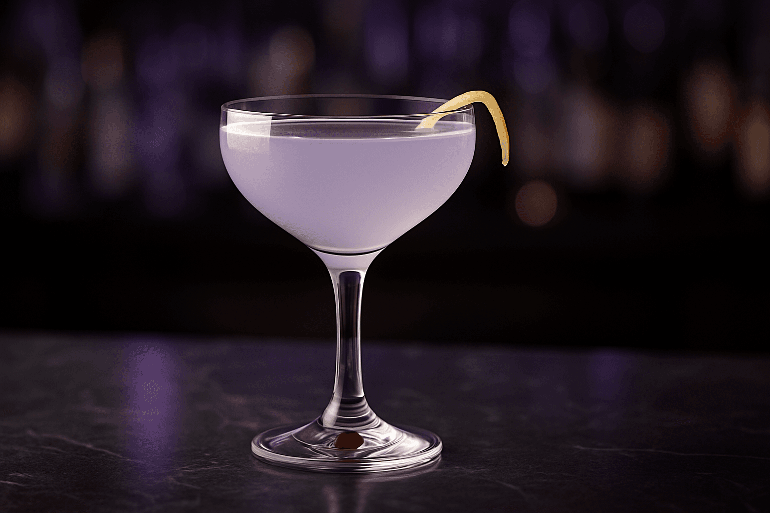 A coupe of Aviation with a faint lavender tint and a brandied cherry.