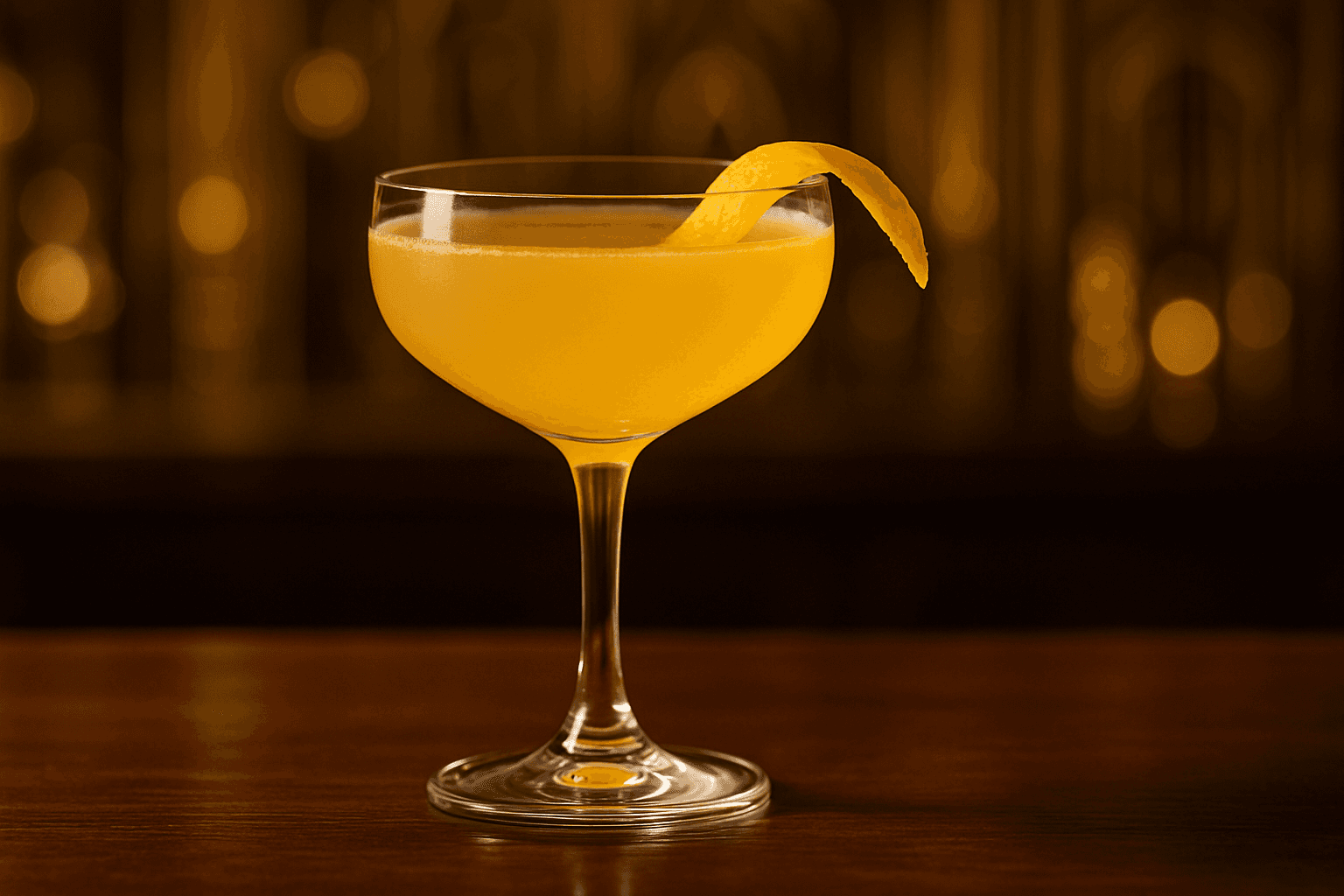 A coupe of Bee's Knees with a pale golden hue and a lemon twist.