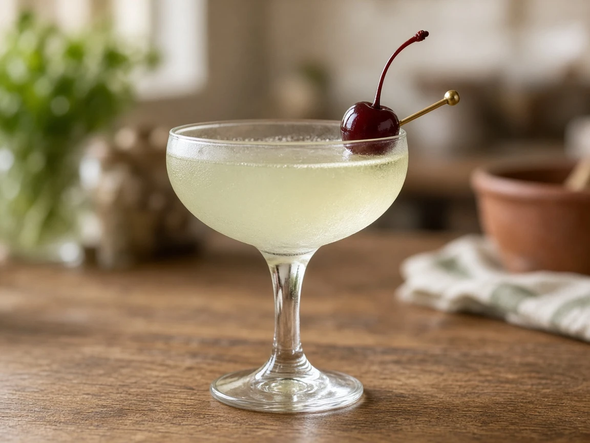 Last of the Oaxacans in a coupe, pale green herbal tint, brandied cherry garnish.
