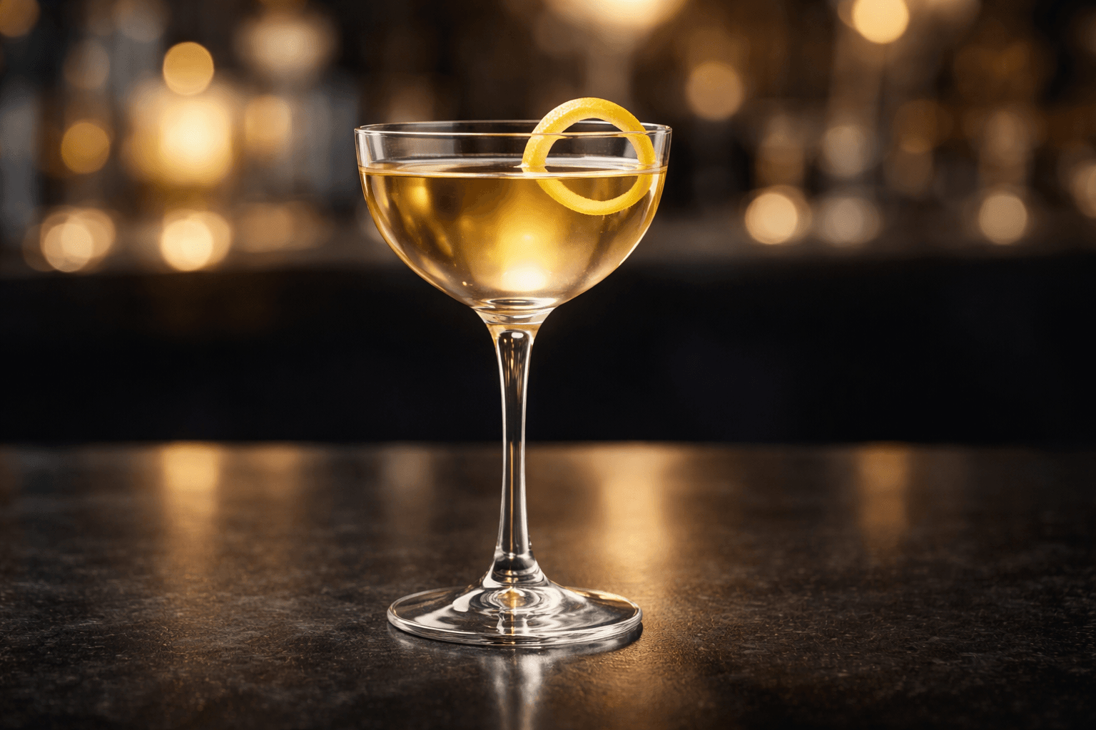 An Alaska in a Nick & Nora glass with a lemon twist.