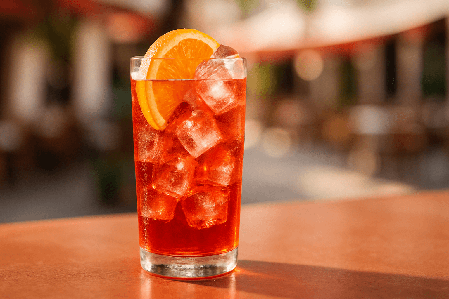 An Americano cocktail in a highball glass over ice with an orange slice and lemon twist on a marble bar.