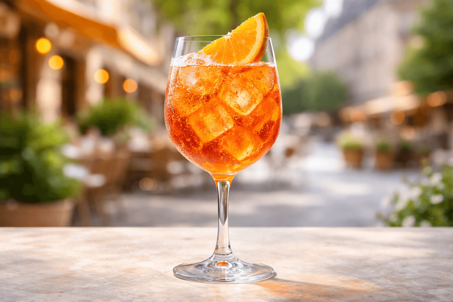 A wine glass Aperol Spritz with ice and a bright orange slice.