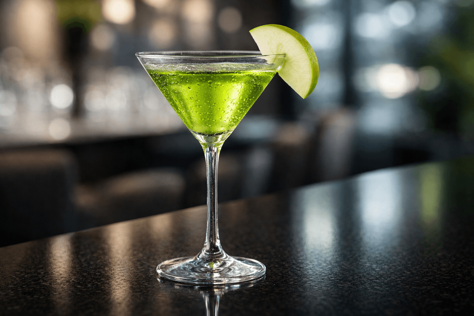 A bright green Appletini in a chilled cocktail glass with apple slice.