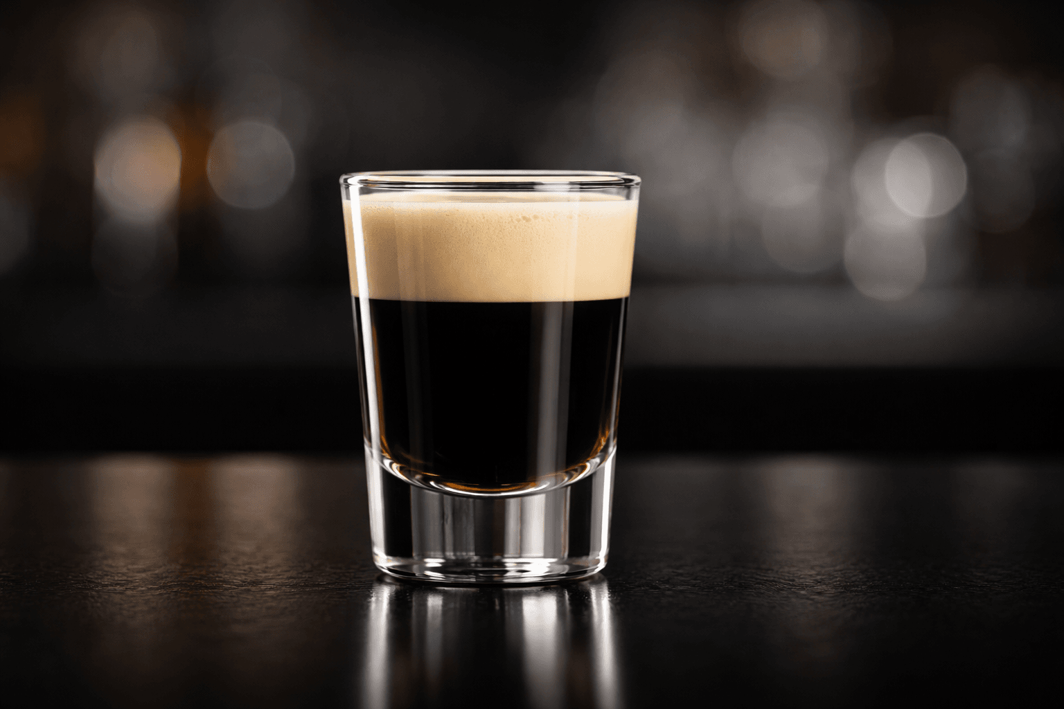 A Baby Guinness shot with foam‑like cream layer.