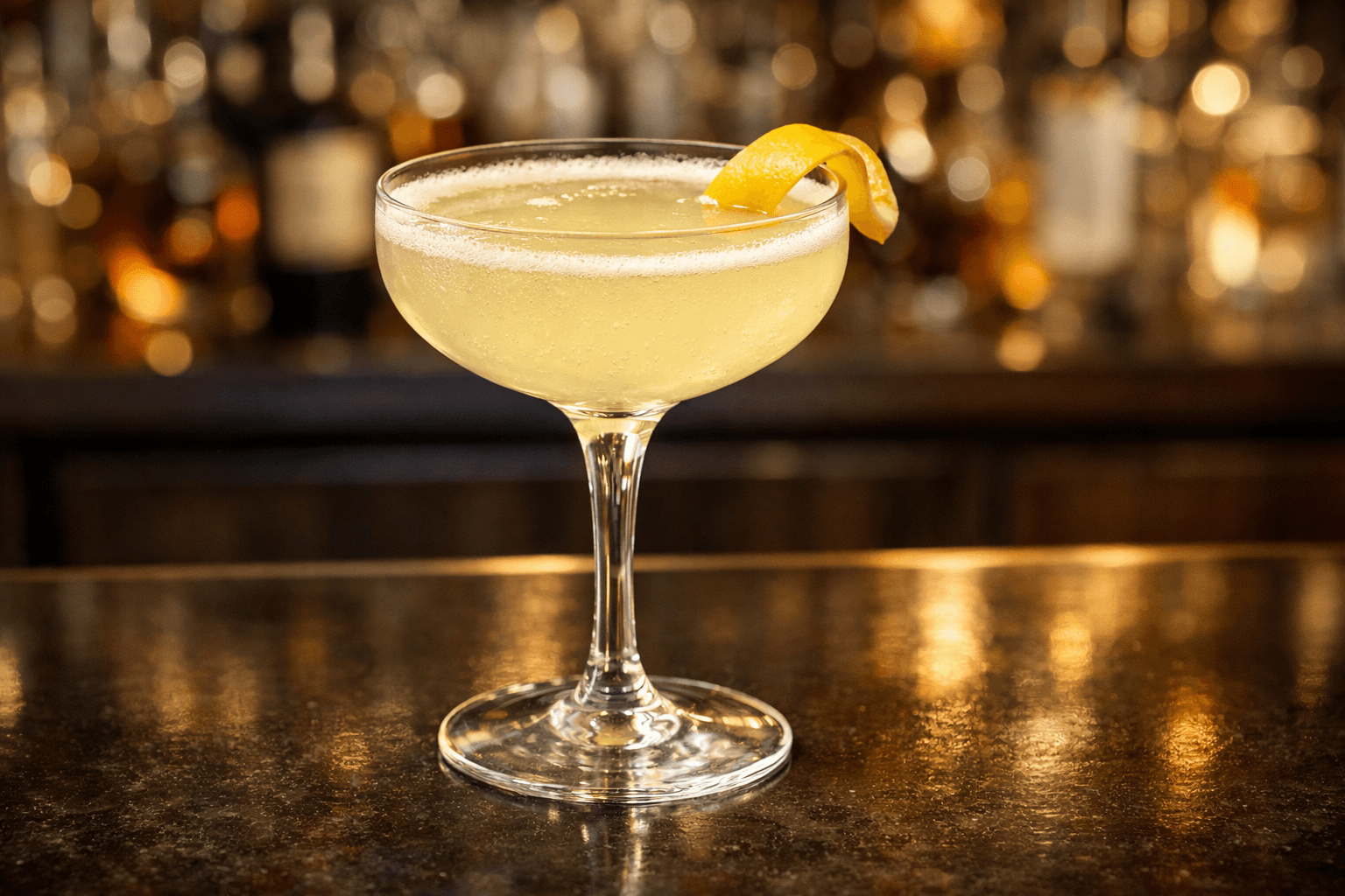A Balalaika served in a chilled coupe with a lemon twist.
