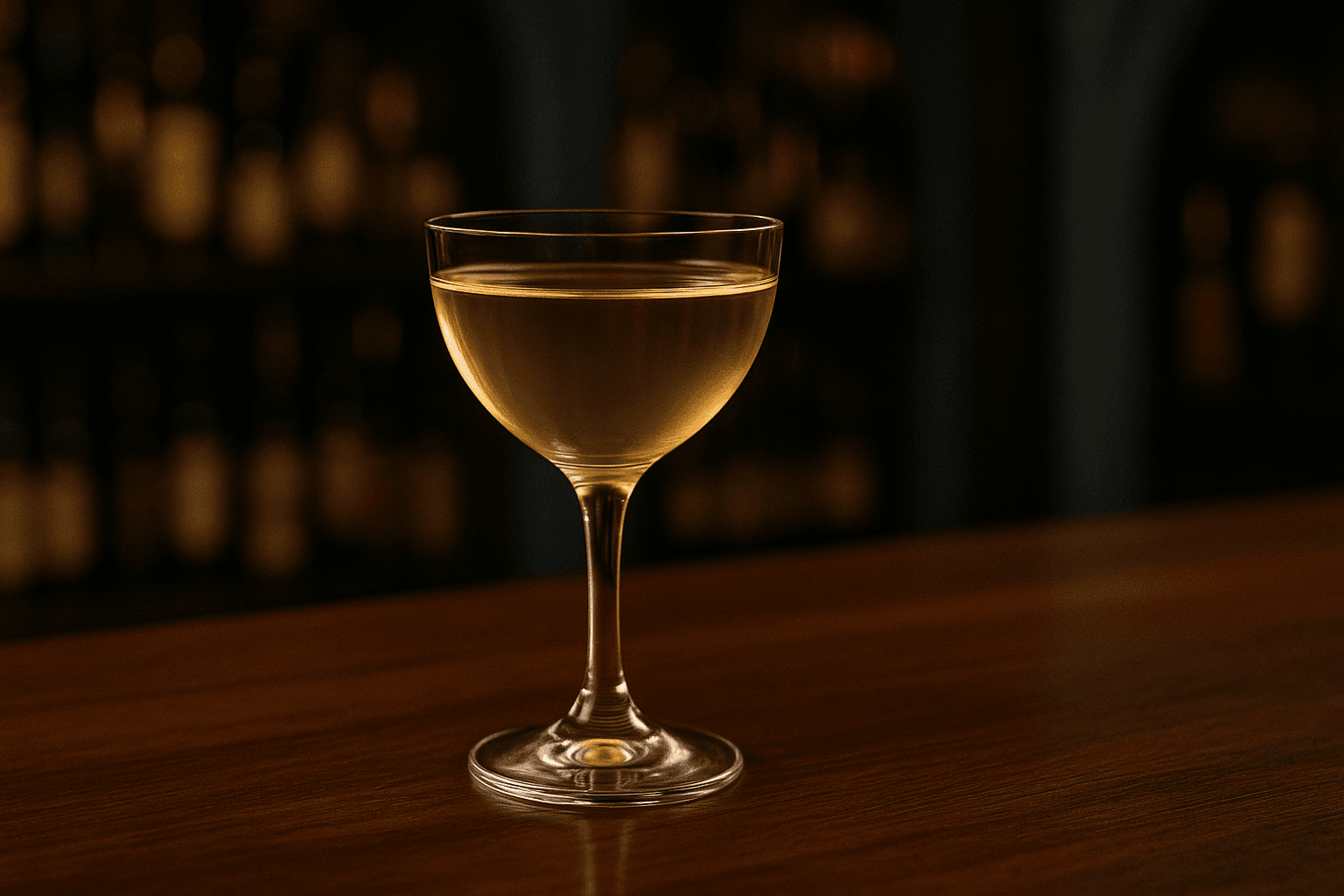 A coupe of Bamboo with a pale golden color and a slim lemon twist.