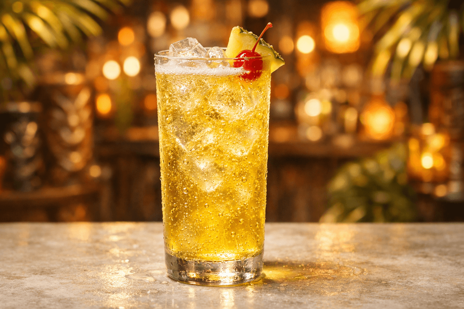 A Barracuda in a highball or large flute with a pineapple wedge.